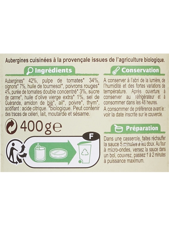 Légume cuisiné bio aubergines provençale CARREFOUR BIO