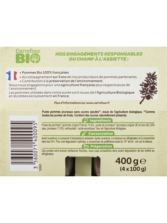 Compote bio pomme pruneau s/sucres ajoutés CARREFOUR BIO