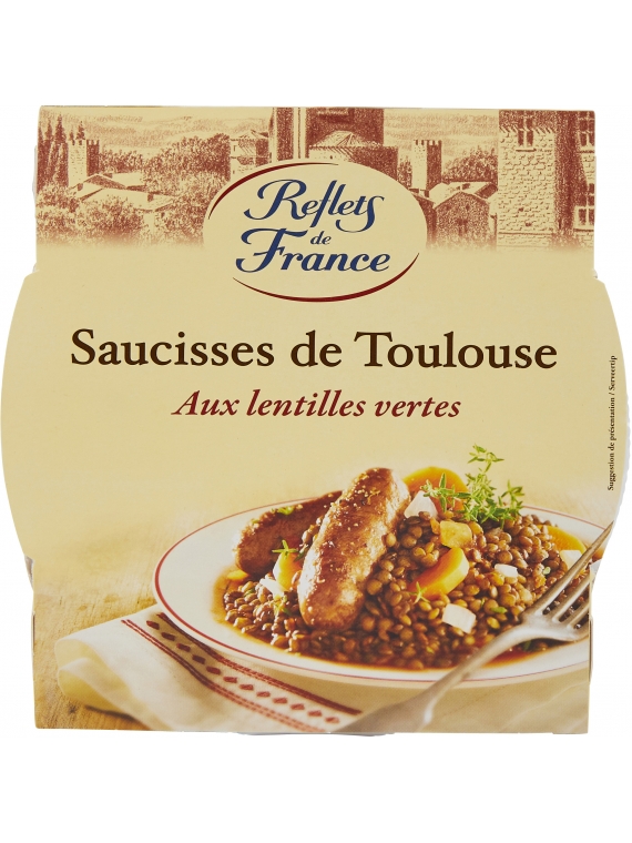 Plat cuisiné saucisses Toulouse lentilles REFLETS DE FRANCE