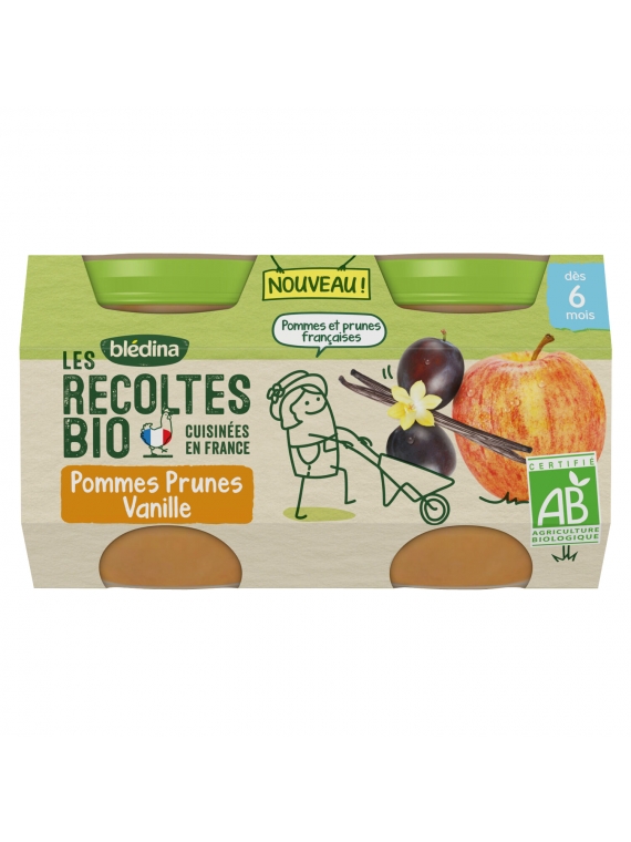 Compote bébé dès 6 mois pommes prunes vanille Les Récoltes Bio BLEDINA