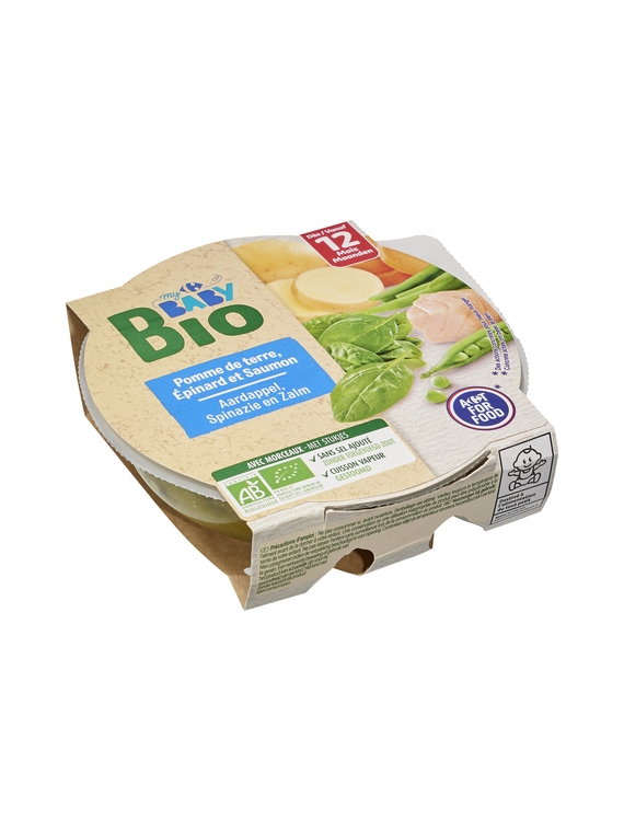 Plat Bébé dès 12 mois, Pomme de Terre Épinard & Saumon CARREFOUR BABYBIO