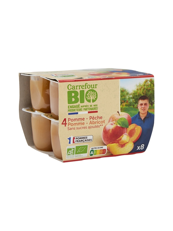 Compotes Pomme Pêche, Pomme Abricot, sans sucres ajoutés CARREFOUR BIO