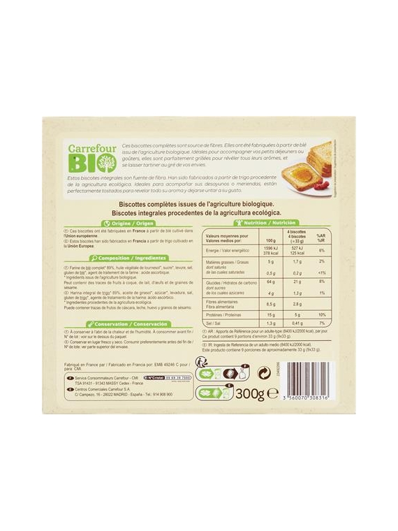 Biscottes Complètes CARREFOUR BIO