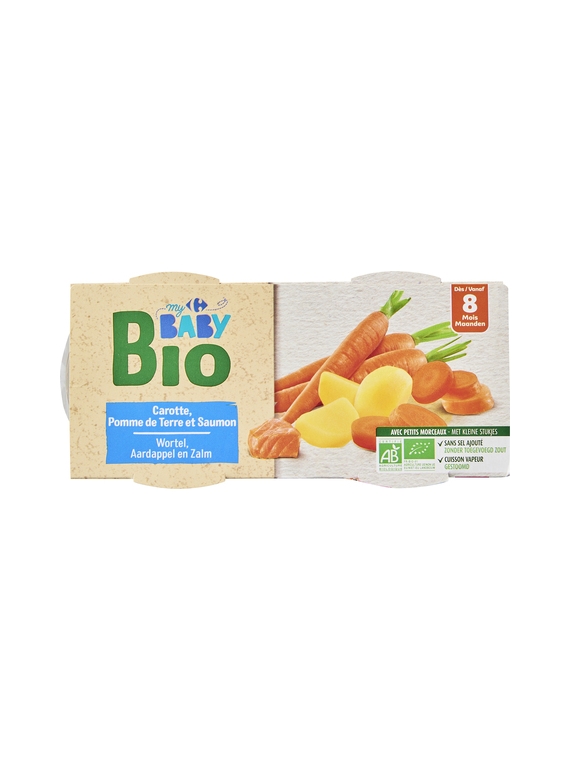 Plat Bébé 8 mois Carotte Pomme de terre Saumon CARREFOUR BABY BIO