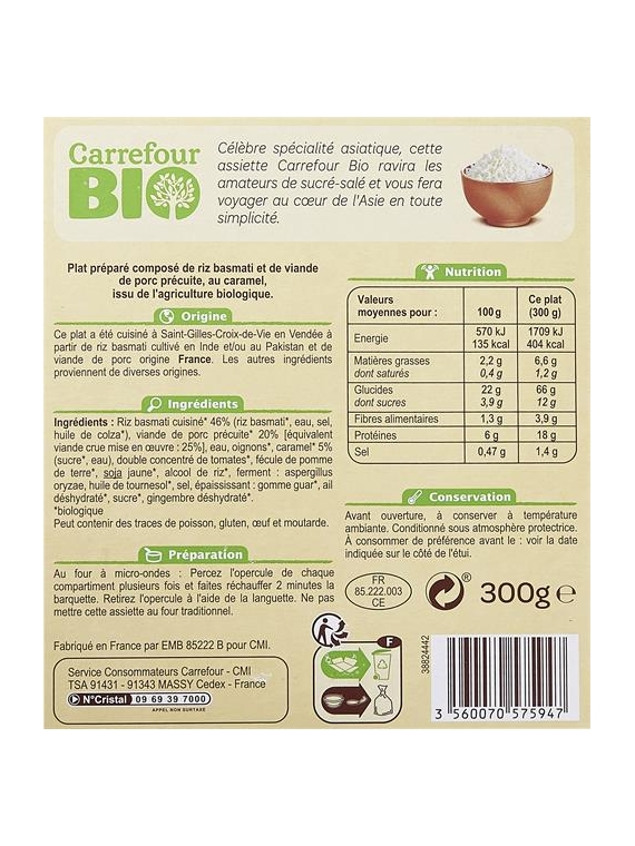 Porc au Caramel & Riz CARREFOUR BIO