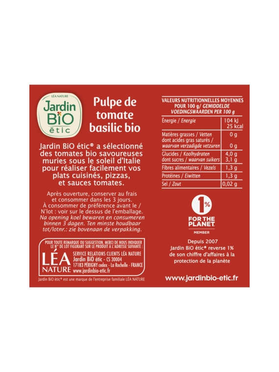 Pulpe Tomate Basilic JARDIN BIO ÉTIC