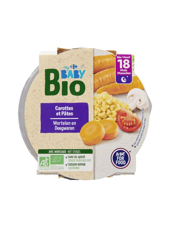 Plat Bébé dès 18 mois, Carottes & Pâtes CARREFOUR BABYBIO