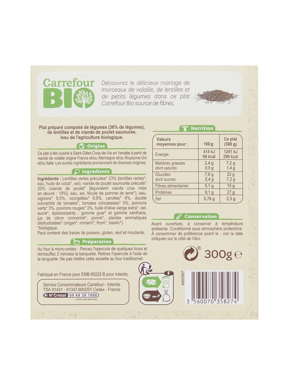 Plat Cuisiné Volaille et Lentilles CARREFOUR BIO