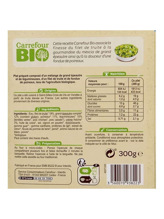 Plat cuisiné filet de truite et fondue de CARREFOUR BIO