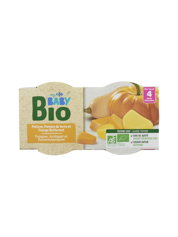 Plat Bébé Bio dès 4 mois, Potiron Pomme de terre & Courge Butternut CARREFOUR BABYBIO