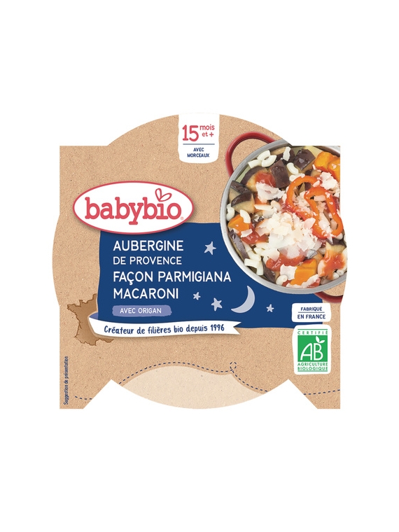 Plat bébé dès 15 mois, Aubergine Parmigiana Macaroni Origan BABYBIO