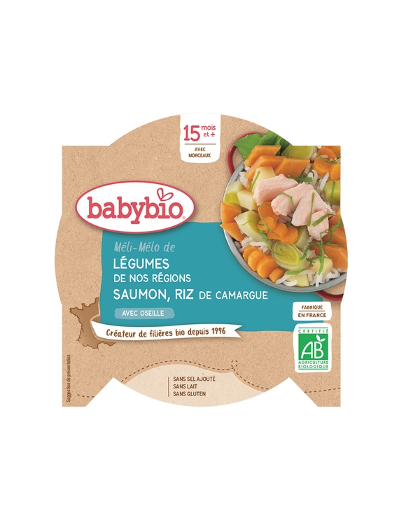 Plat bébé dès 15 mois, Légumes Saumon Riz de Camargue Bio BABYBIO