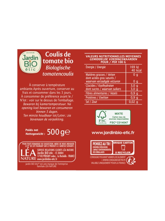 Coulis de Tomate JARDIN BIO ÉTIC