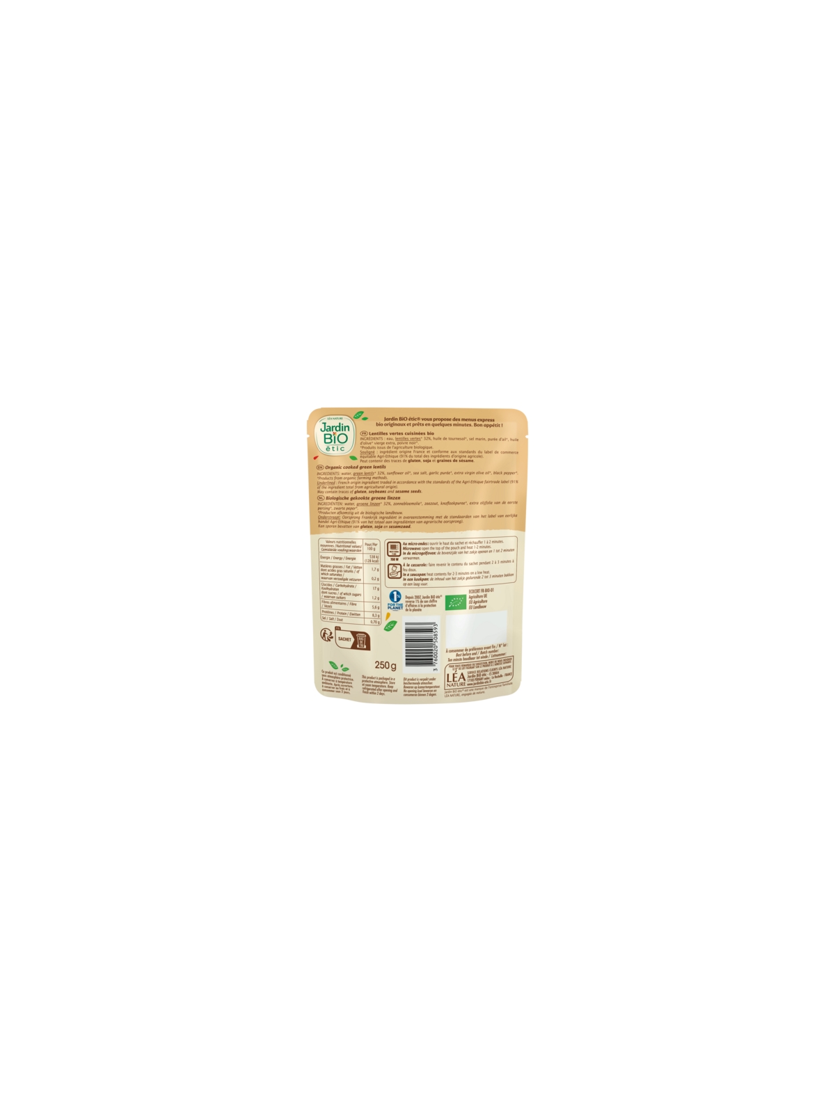 Plat Cuisiné Lentilles Vertes JARDIN BIO ÉTIC