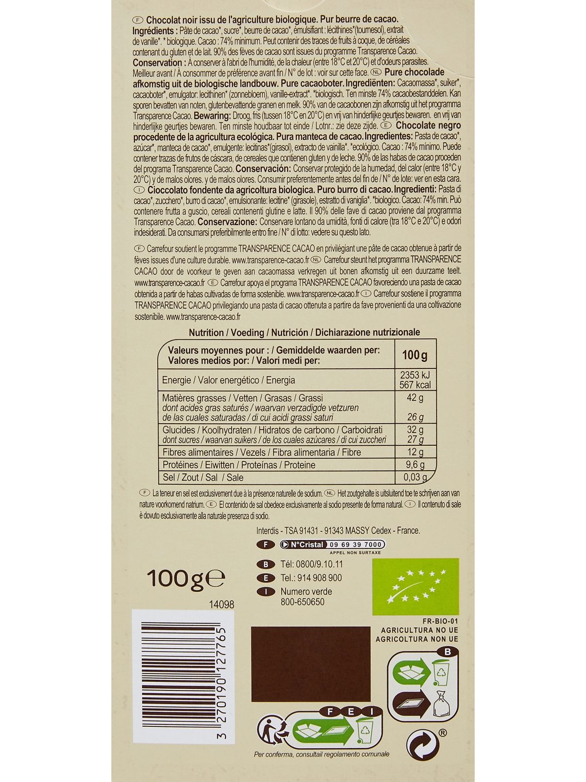 Chocolat bio noir 74% cacao CARREFOUR BIO