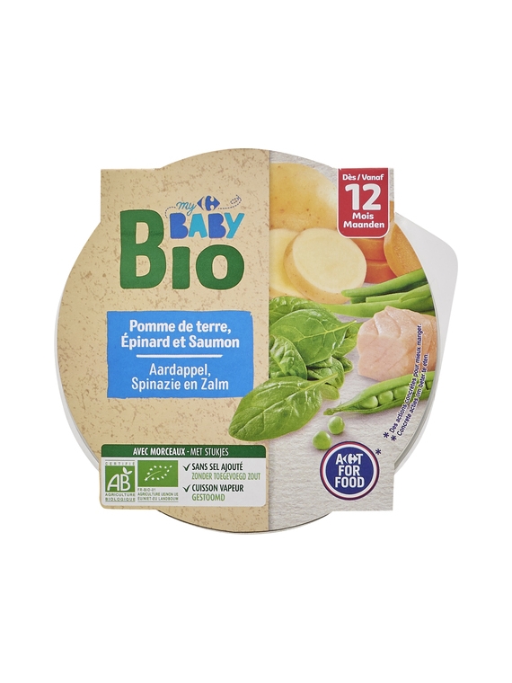 Plat Bébé dès 12 mois, Pomme de Terre Épinard & Saumon CARREFOUR BABYBIO