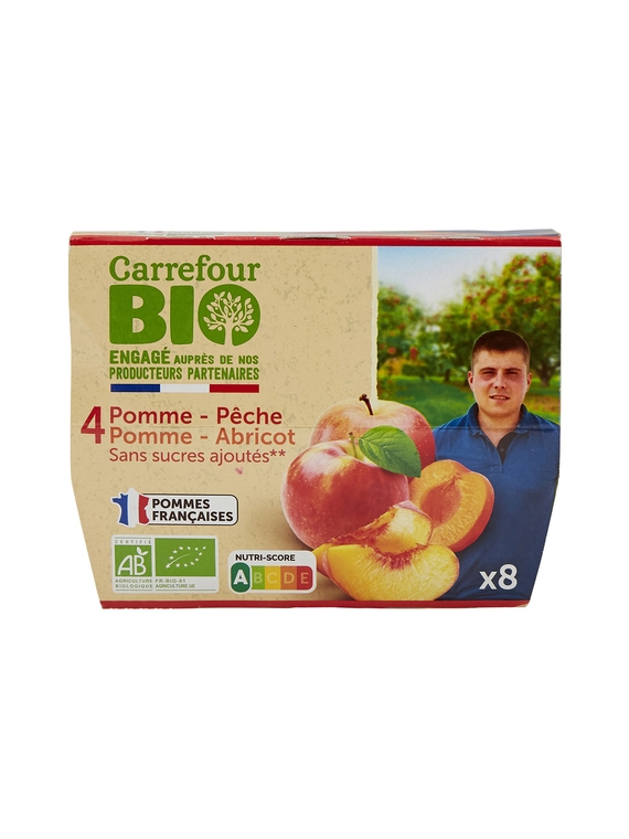 Compotes Pomme Pêche, Pomme Abricot, sans sucres ajoutés CARREFOUR BIO