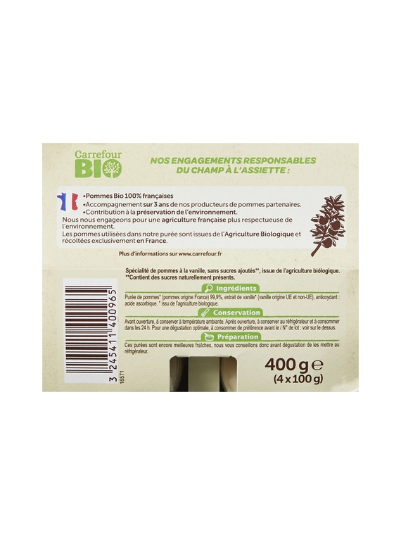 Compotes pomme vanille sans sucres ajoutés CARREFOUR BIO