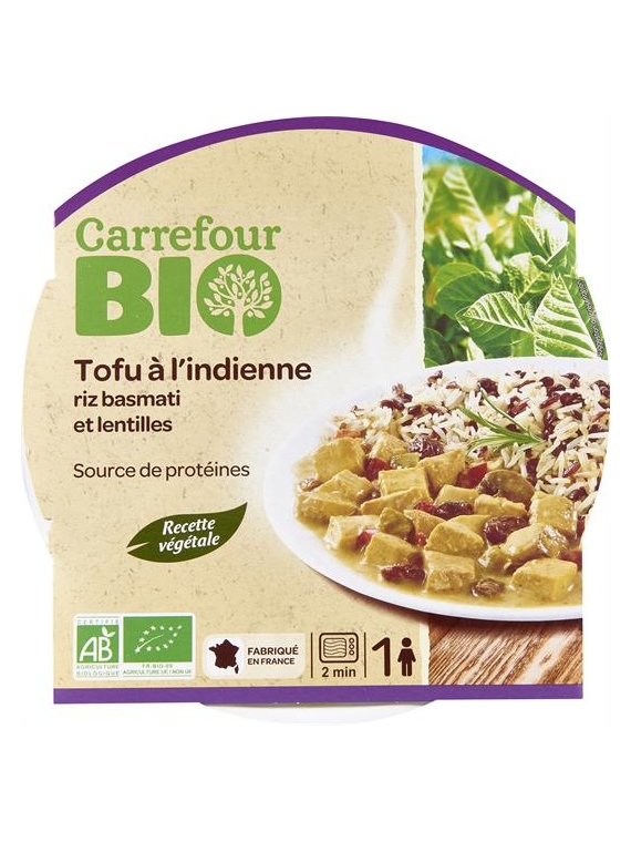 Plat cuisiné Tofu à l'Indienne Riz Basmati & Lentilles CARREFOUR BIO