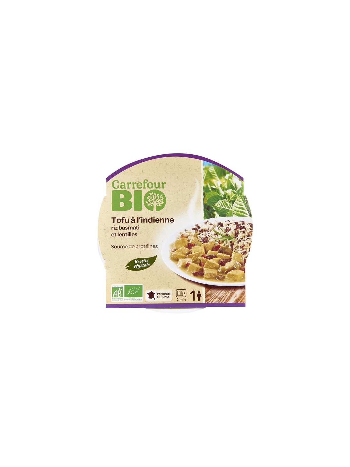 Plat cuisiné Tofu à l'Indienne Riz Basmati & Lentilles CARREFOUR BIO